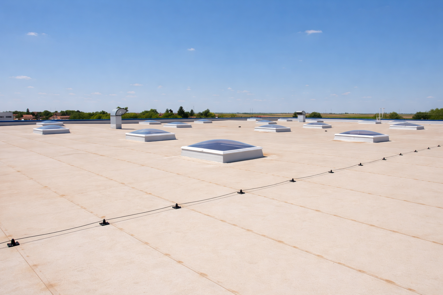 Flat commercial roof with skylights