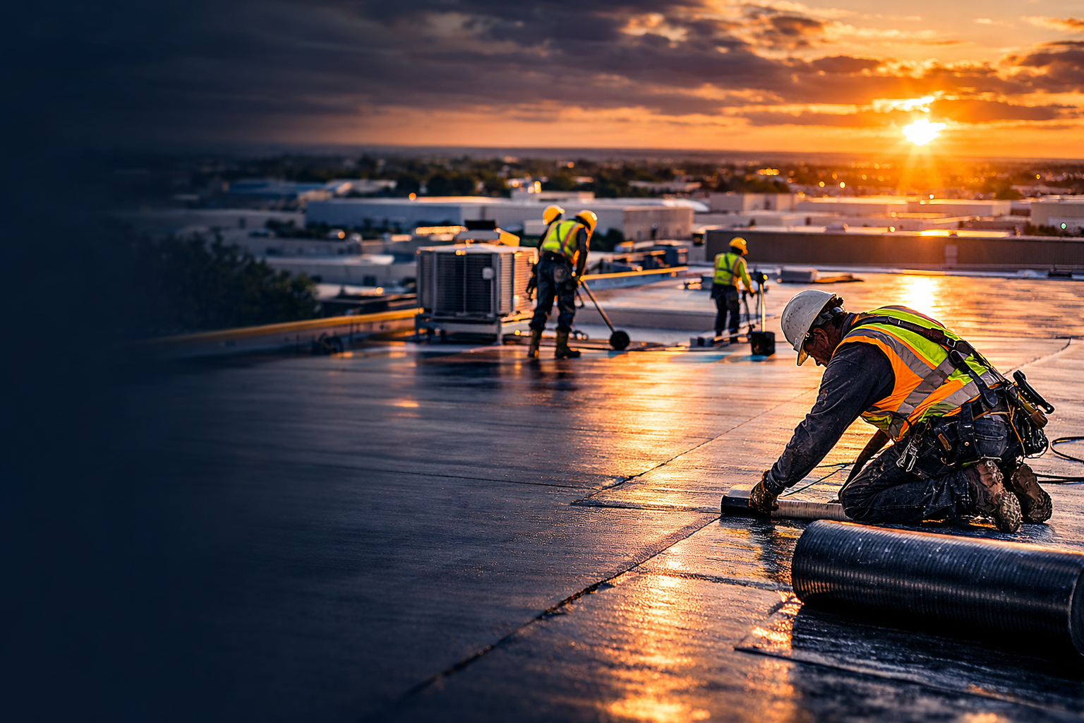 Commercial roofing crew working on flat roof at sunset